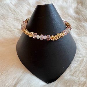 NOrdstrom Pink Glass Bead Gold Tone Metal Bracelet Stretch 11256